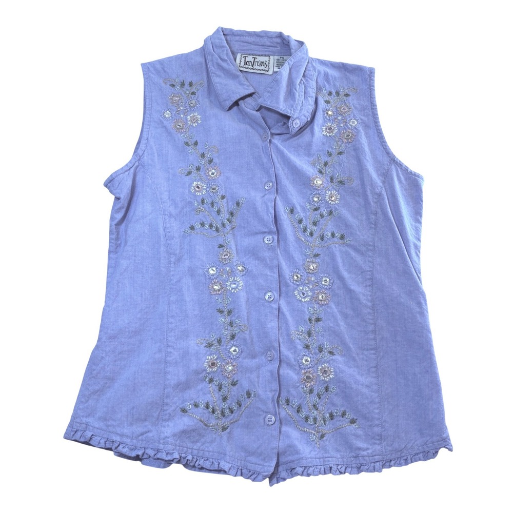 TanTrums Periwinkle Blue Floral Embroidered Sleeveless Ruffle Cotton Top‎ PS